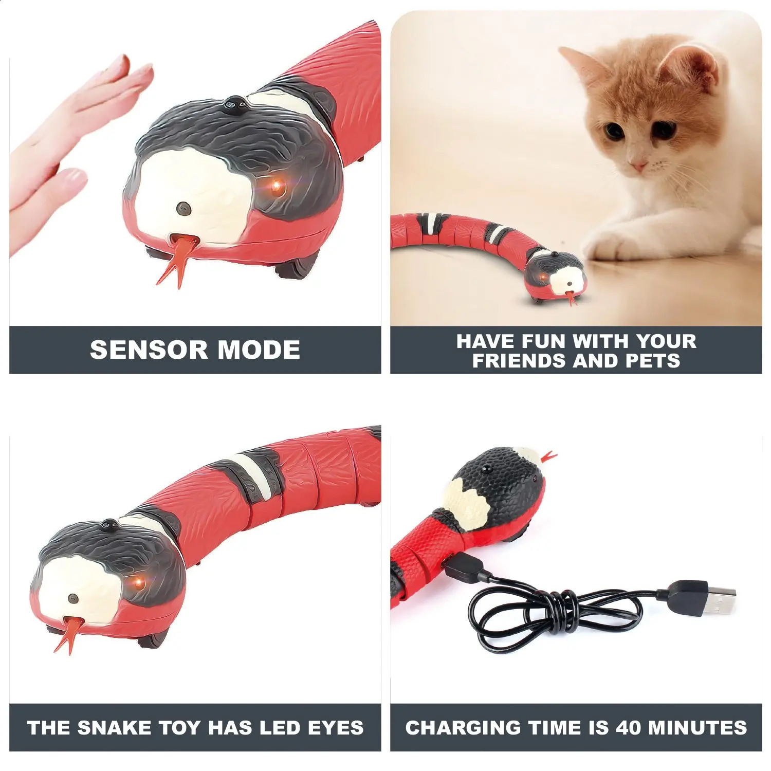 Smart Sensing Cat Toys Interactive Automatic Eletronic Snake Cat Teaser Indoor Play Kitten Toy USB Rechargeable for Cats Kitten 240723