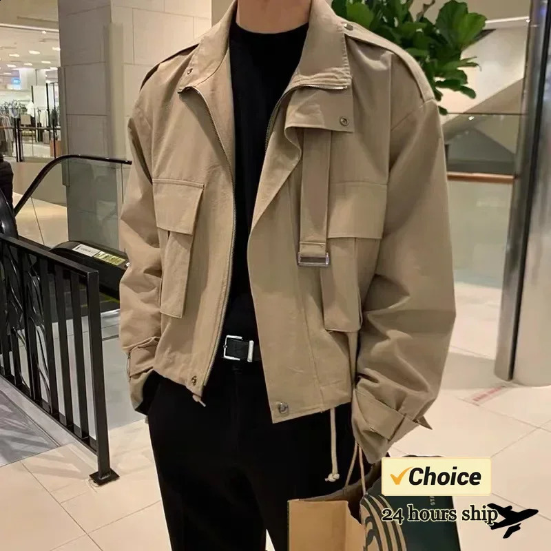 Mens Jackets Coat Korean Style Loose Fashion Turn-down Collar Retro Cargo Jackets Solid Pockets Temperament Winter Jacket 240722