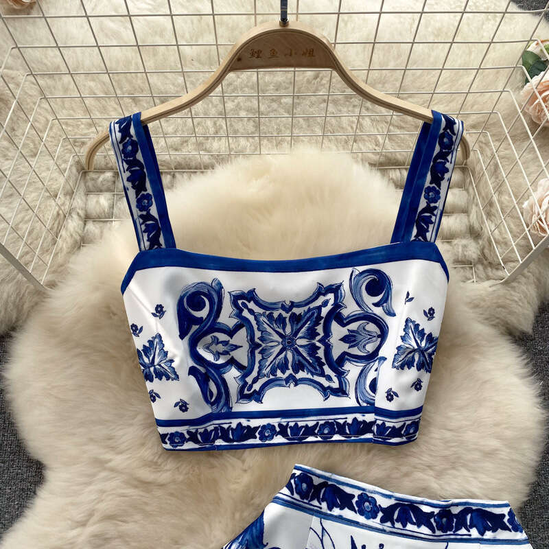 Wind Blue and White Porcelain Printing Set for Women in Summer, Pure Desire to Show Waist, Suspender Vest+high Waisted Mid Length Skirt BOHO DRESS