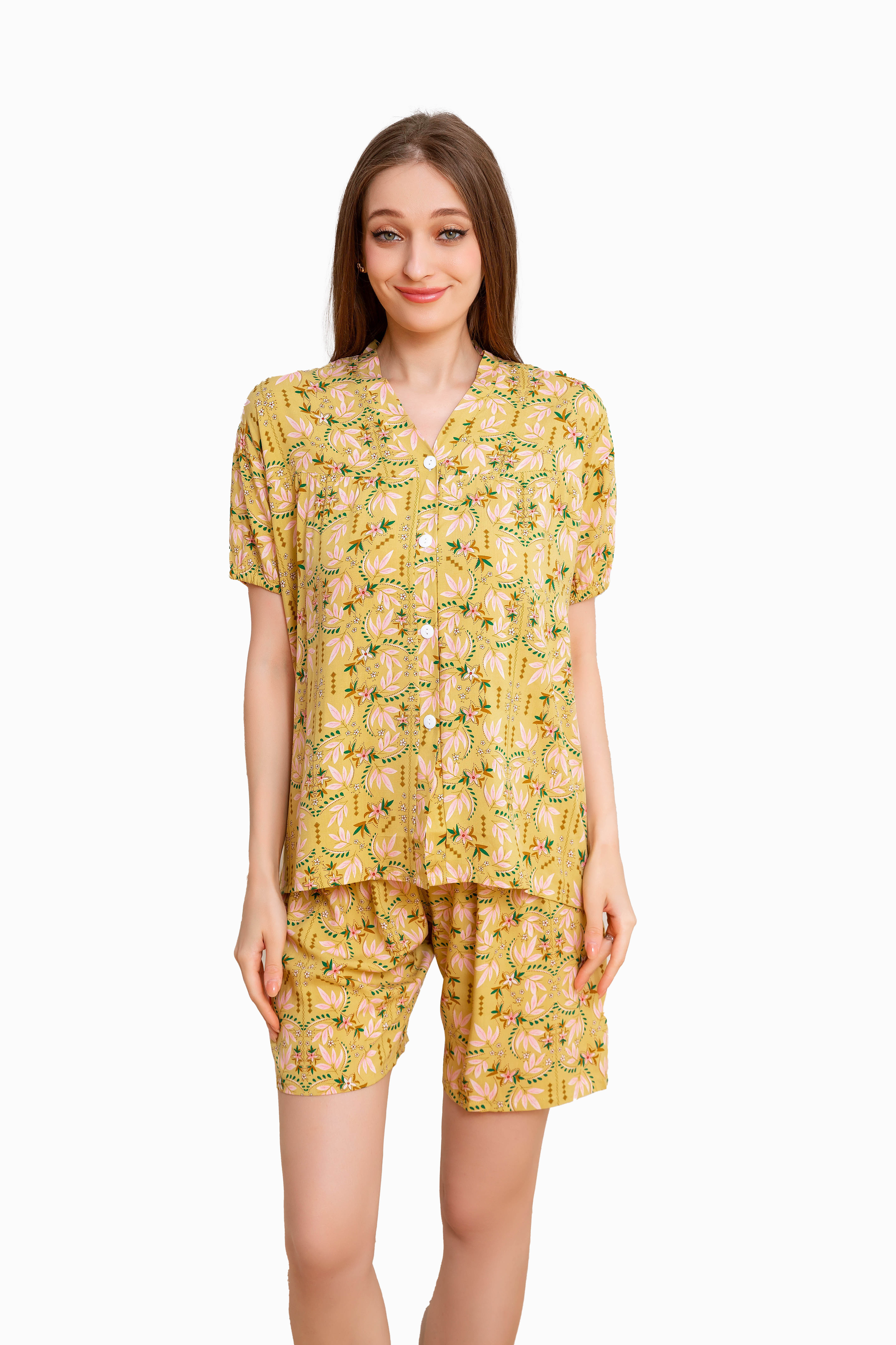 Women's home clothes, pajamas, yellow background, pink leaf shorts set D203