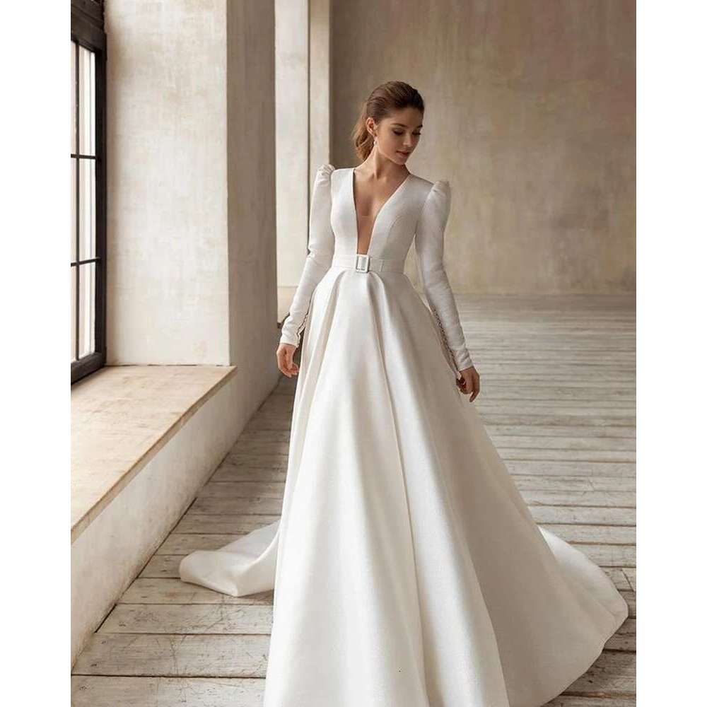 Classic Elegant Wedding Dresses A-e Satin Bridal Gowns V-Neck Long Sleeves Robes For Formal Party 2024 Dressed from Novia