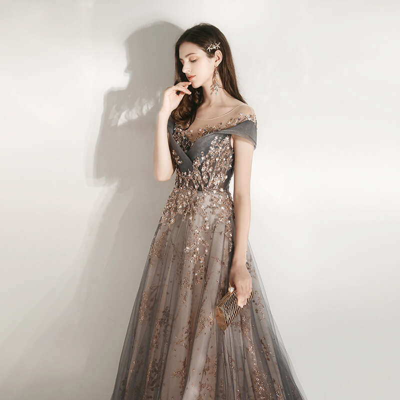 Banquet Elegant Evening Dresses Petals and Leaf Patterns Sequin Round Neck Slim Long Dress Off The Shoulder Prom Robe