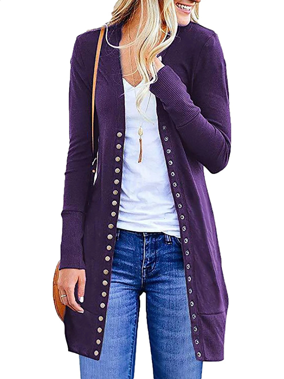 Autumn European and American Large Womens Fashion Mid length Button Solid Color Cardigan Coat 240717