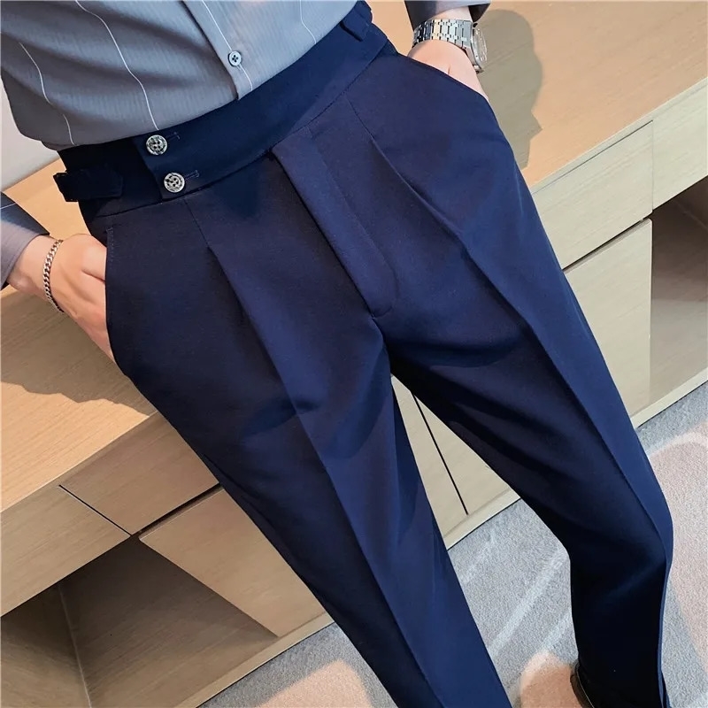 Men High Waist Trousers Autumn British Style Solid Color Casual Pants Slim Fit Formal Suit Pants Fashion Men Clothing 240722