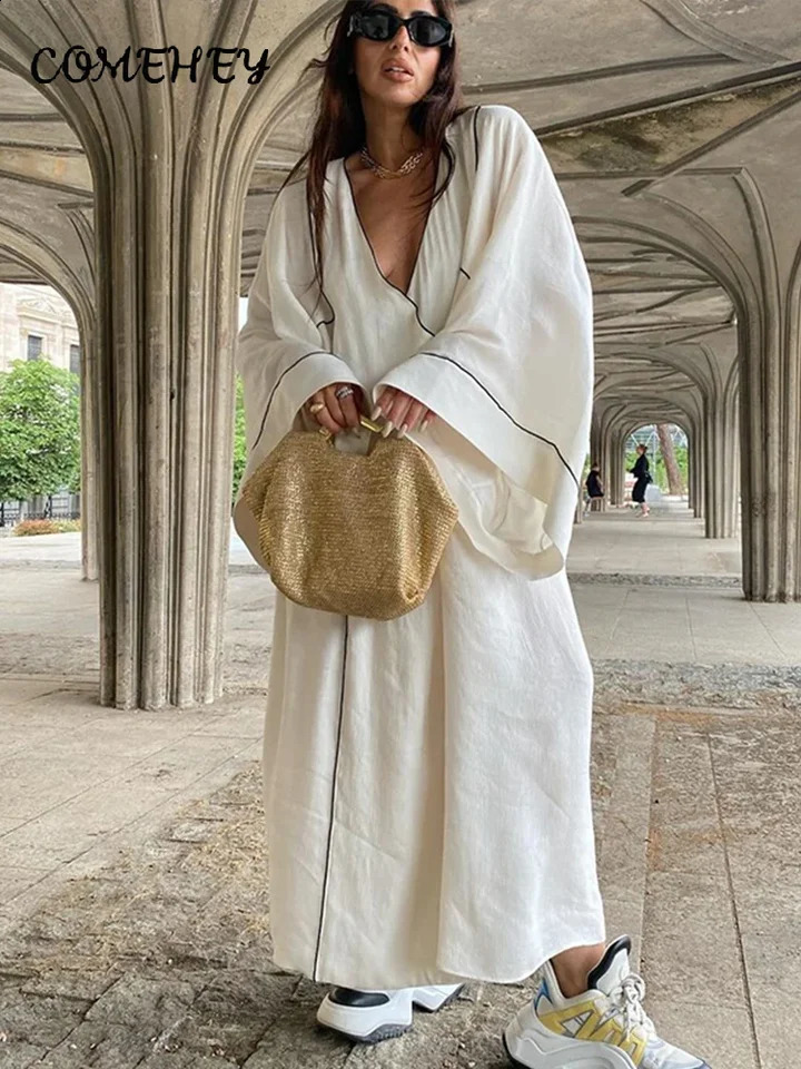 Casual Loose Contrast Maxi Dress Women Elegant Lace Up Printed Flare Sleeve Female Cardigan Dresses Summer Oversized Robe 240712