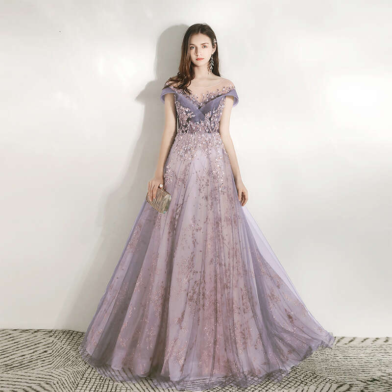 Banquet Elegant Evening Dresses Petals and Leaf Patterns Sequin Round Neck Slim Long Dress Off The Shoulder Prom Robe
