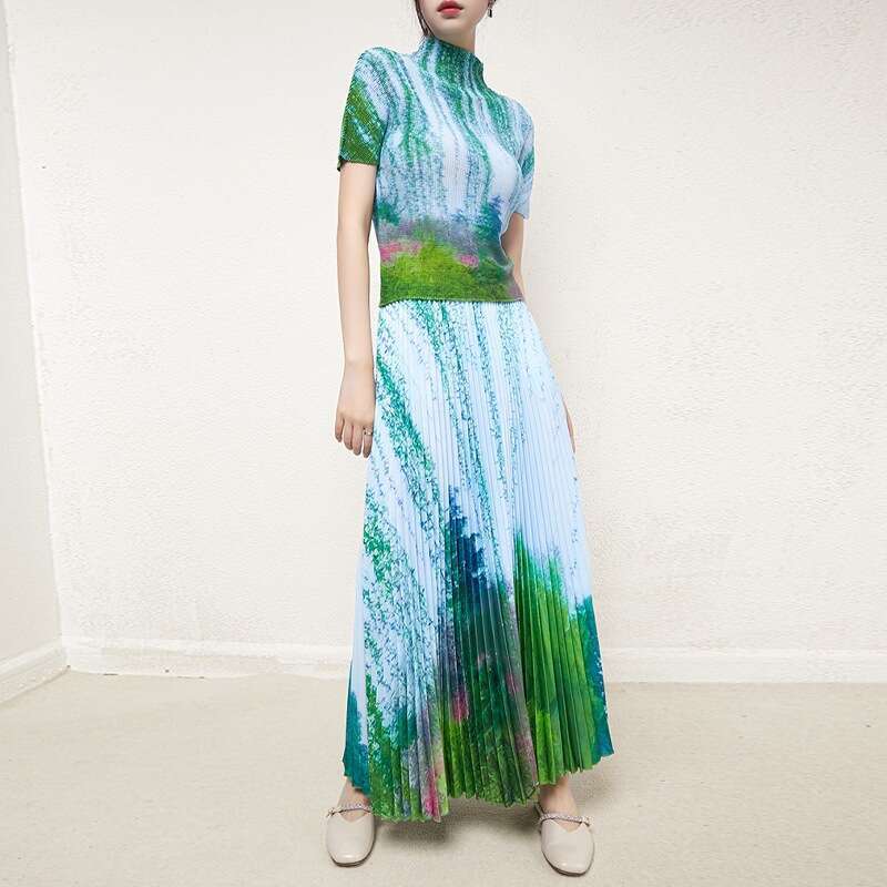 New Pattern Solid Fashion Printed Pleated Set Two-piece Dress Women Sets Floral Dress Sexy Dress Sexy Self-cultivation Bifurcated SKINNY DRESS Oversiz
