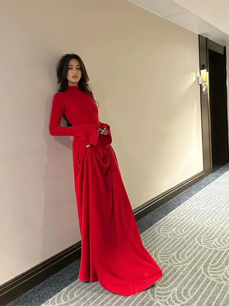 Irregular Pleated Solid Slim Maxi Dress Women Elegant Half High Collar Long Sleeved long Dresses Female Party Evening Robes 240722