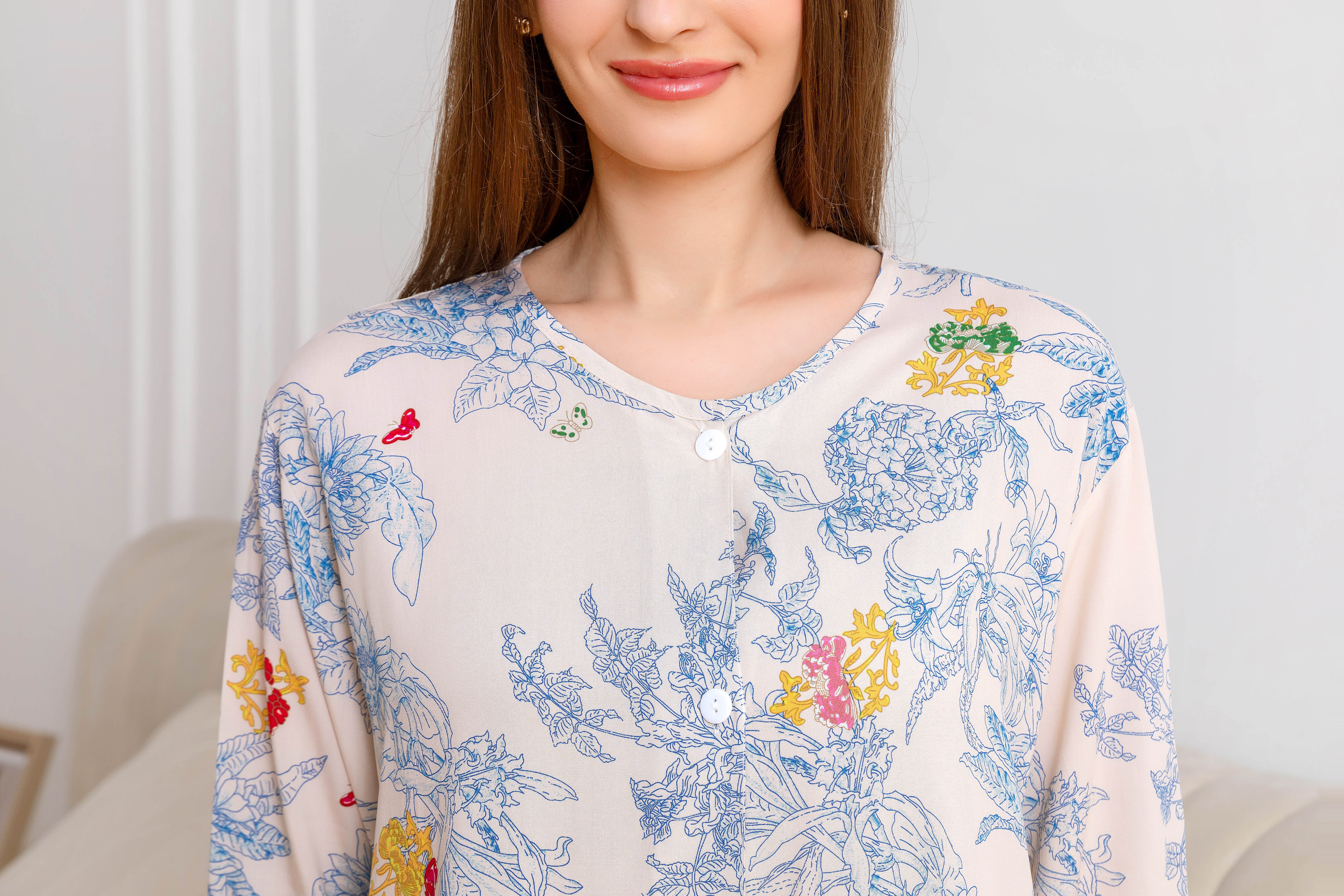 Women's home clothes, pajamas, light pink blue floral stamen pants set C207