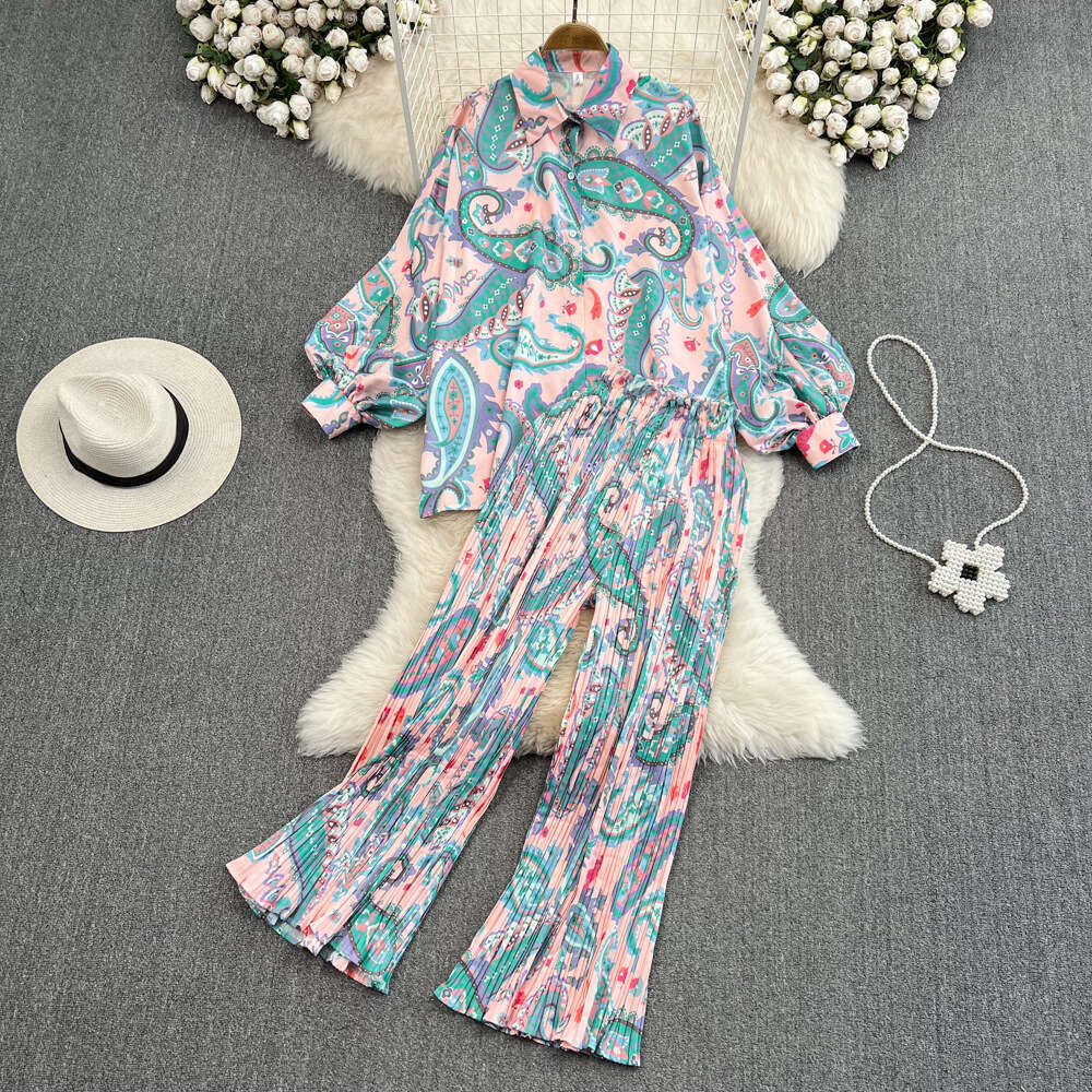 Fashionable Set Socialite Temperament Bat Sleeve Loose Printed Shirt, Two High Waisted Pleated Wide Leg Pants Novelty Sexy Denim Dress Oversize Dress