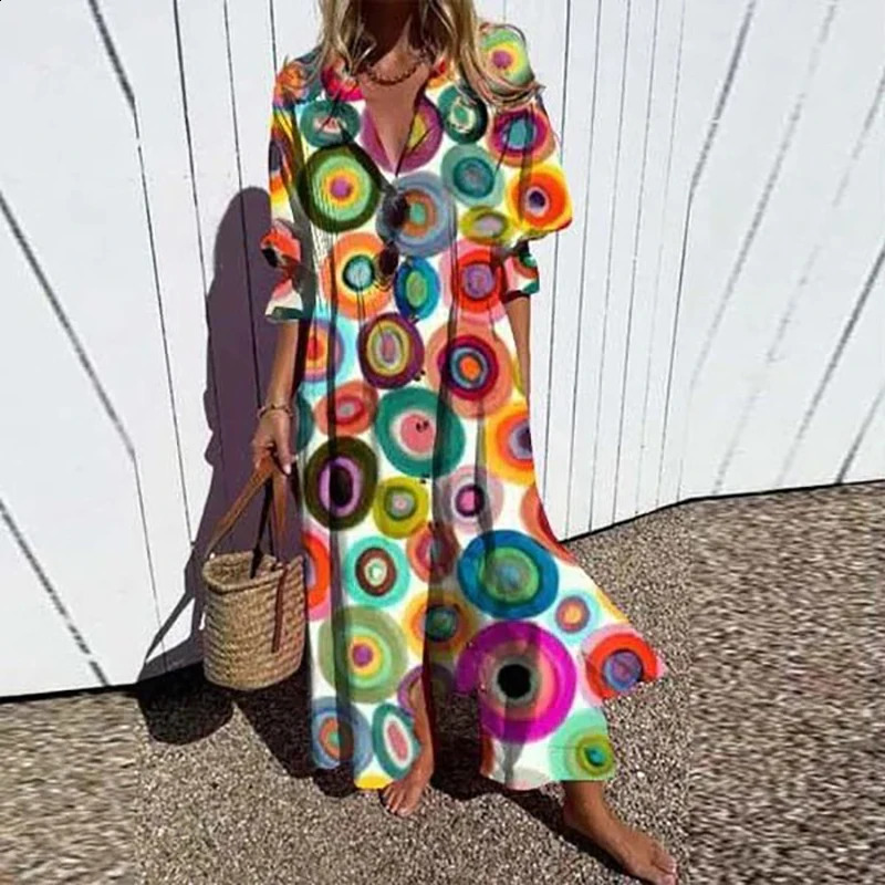 Women Retro Geometry Circle Print Long Dress Spring Single Breasted Lapel Shirt Dress Summer Puff Short Sleeve A-Line Boho Dress 240723