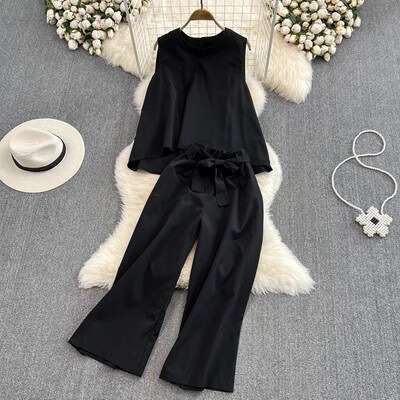 Fashionable Light and Mature Style, Temperament, Round Neck, Loose Sleeveless Top, Two-piece Set, High Waisted, Lace Up, Straight Leg, Wide Leg Lace D