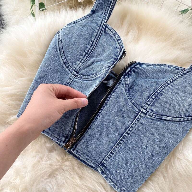 Instagram Set 2023 New Womens Sexy Short Strap Tank Top High Waist Denim Skirt Short Bifurcated Self-cultivation Novelty Loose Silk Dress High Waist D