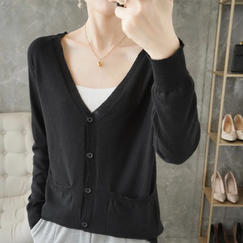 Fashion Casual Wool womens cardigan Sweater Women VNeck Solid Color Long Sleeve 240722