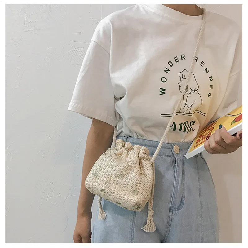 Fashion shoulder bag womens drawstring beach floral embroidery lace horizontal handbag 240723Zl