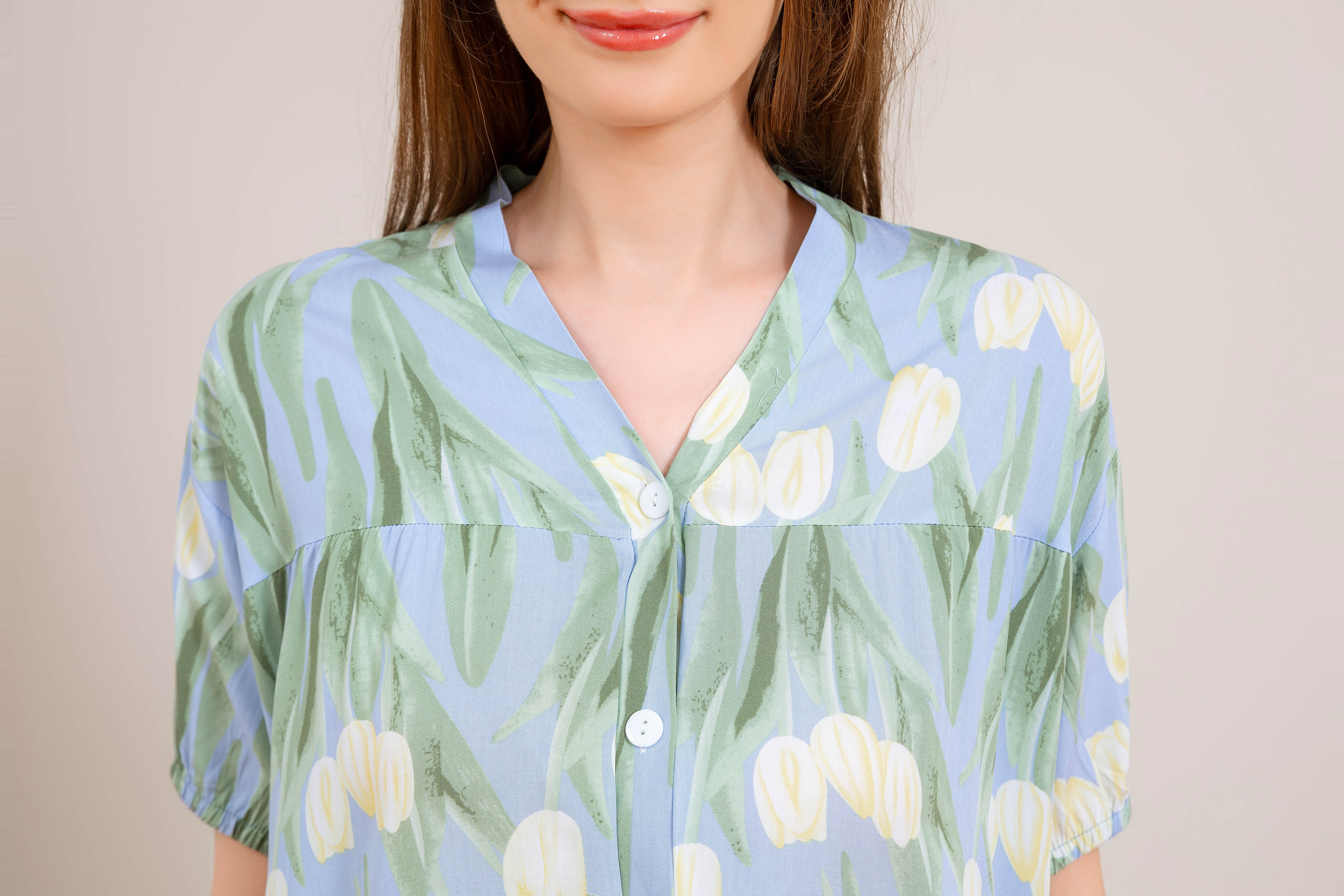 Women's Home Clothes Pajamas Blue Green Leaf Lily Shorts Set D213