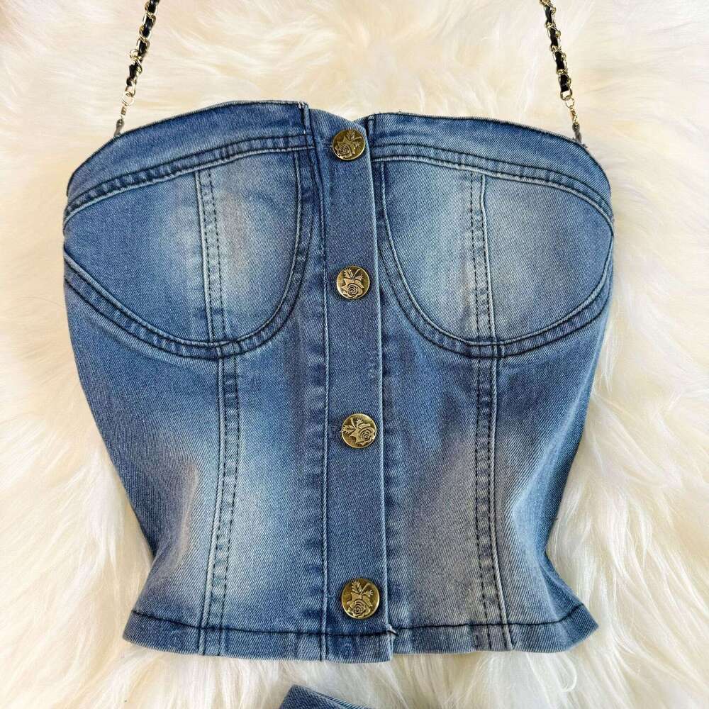 American Spicy Girl Style Sexy Bra Hanging Neck Top Short Versatile Cowboy Half Skirt Two Piece Set Trendy Bifurcated Short Silk Dress Lace Dress