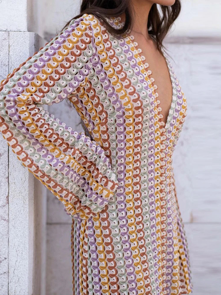 2024 Women Deep V Neck Casual Bohemian Maxi Dress Elegant Straight Flare Long Sleeve Vestidos Sexy Beach Vacation Party Robe 240715