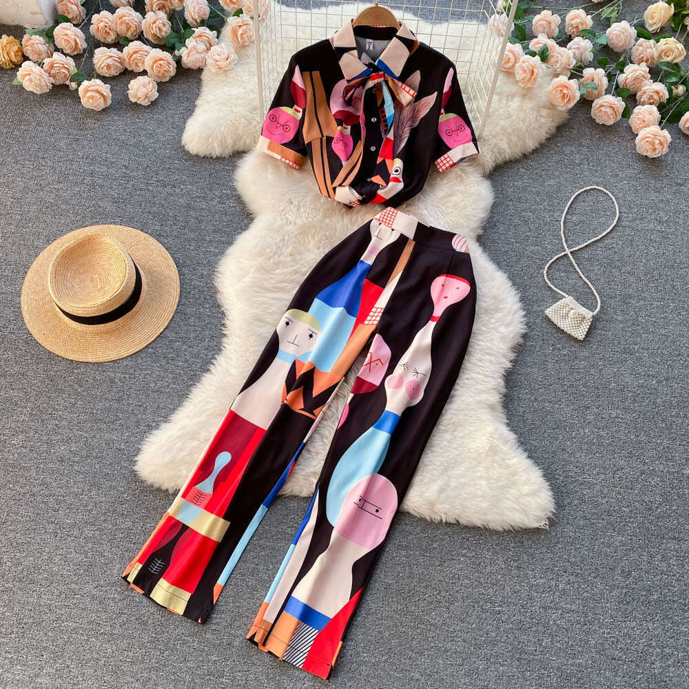 2022 New Printed Shirt Womens Lacing Small Feet Casual Pants Fashion Two Piece Set Novelty Waist Sexy Loose Temperament Oversize Dress Lace Dress
