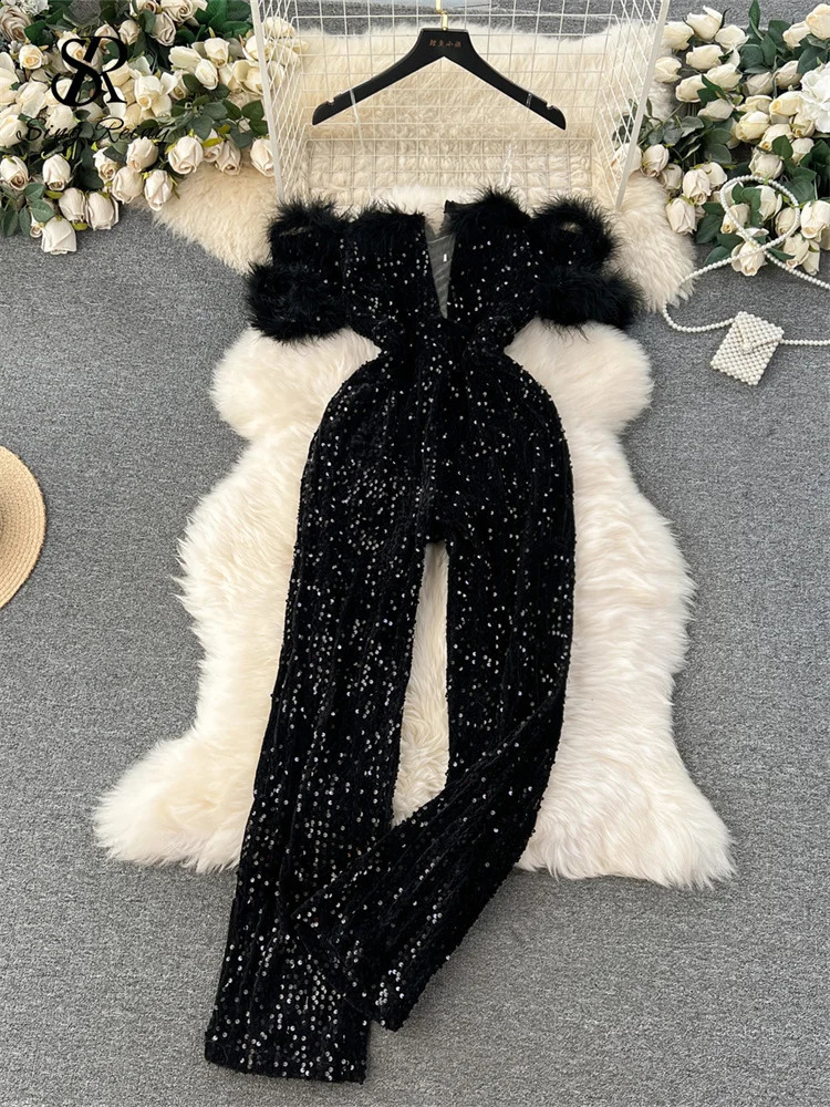 SINGREINY Autumn Elegant Sexy Black Jumpsuits Europen Fashion Off the Shoulder Feather Patchwork Sequins Slim Long Playsuit 240715