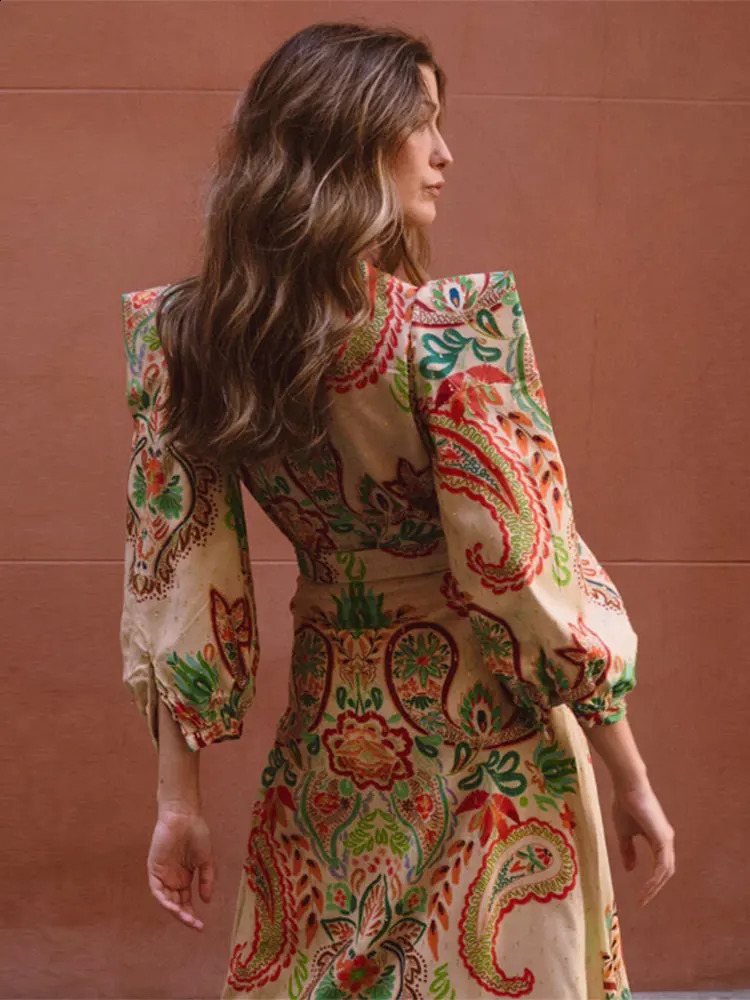 Casual V Neck Flower Printed Pleated Slim Maxi Dresses Elegant Lantern Long Sleeve High Waist Dress Lady Vacation Vestidos 240723