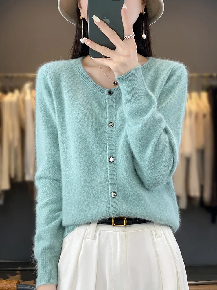 Aliselect womens cardigan wool sweater super warm pure mink cashmere Oneck loose fitting clothing solid color knitted top 240812