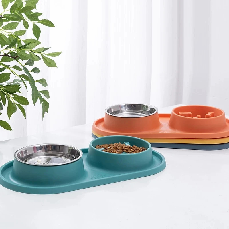 Dog Cat Double Bowl Pet Food Feeder Water Drinking Dispenser With Silicone Pad Stainless Steel Anti Clogging And Slip Basin