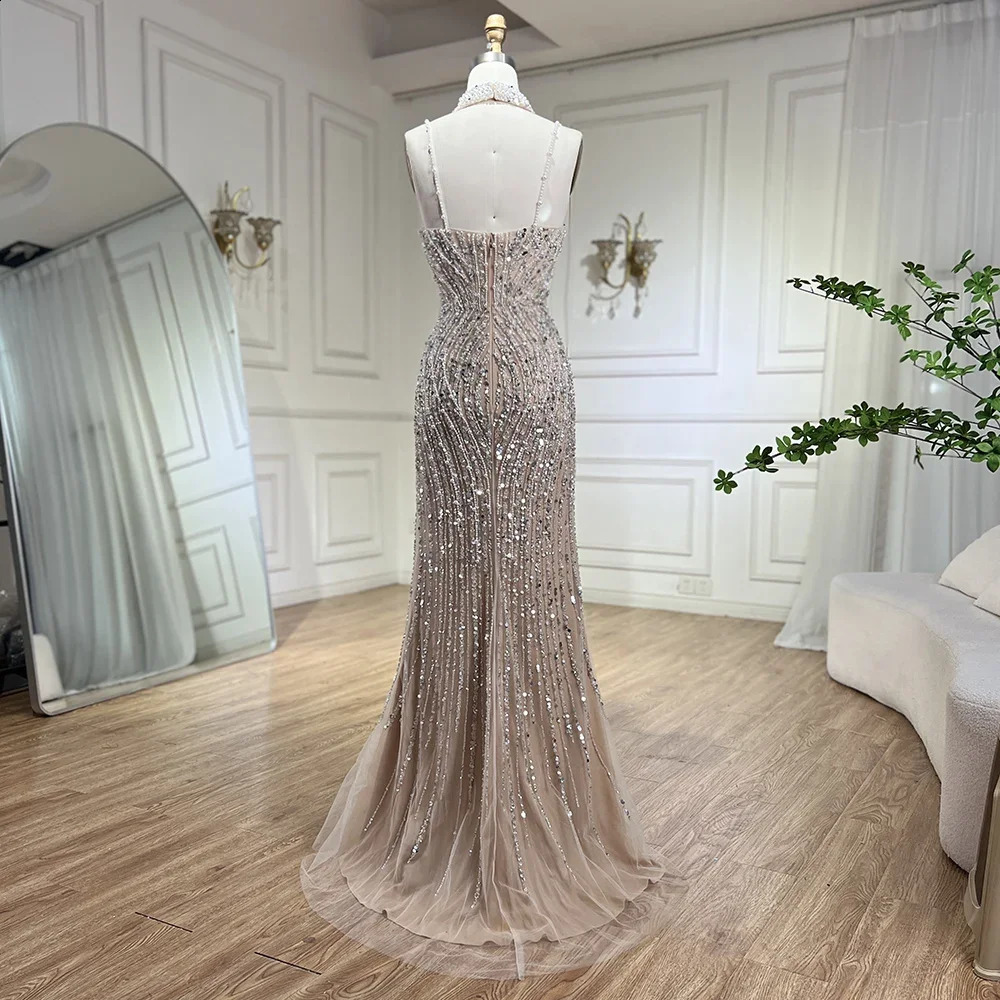 Serene Hill Silver Nude Mermaid Spaghetti with split Strap Beaded Evening Dresses Prom Gowns For Woman Party 2024 LA72047B 240709