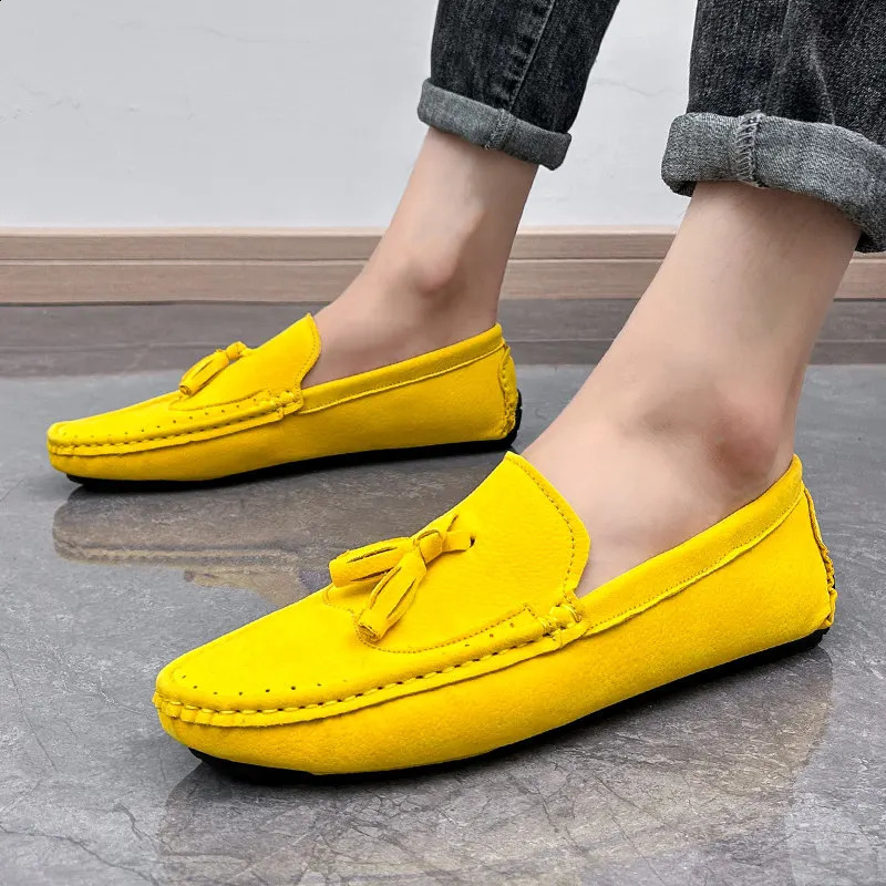 Big Size 38-48 Yellow Leather Mens Casual Shoes Soft Comfort Suede Loafers Man Fashion Slip-on Men Flat Shoes mocasines hombre 240718
