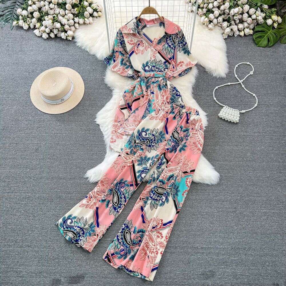 Short Sleeved Loose Single Breasted Tie Up Waist Cinching Printed Shirt Two-piece High Waisted Wide Leg Pants Fashion Set for Women Sexy Loose Denim D