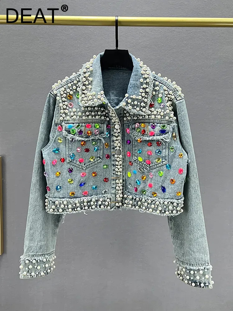 DEAT Womens Denim Coat Full Pearls Colored Beaded Crystal Long Sleeve Cool Burrs Female Jackets 2024 Summer Fashion 29L4067 240716