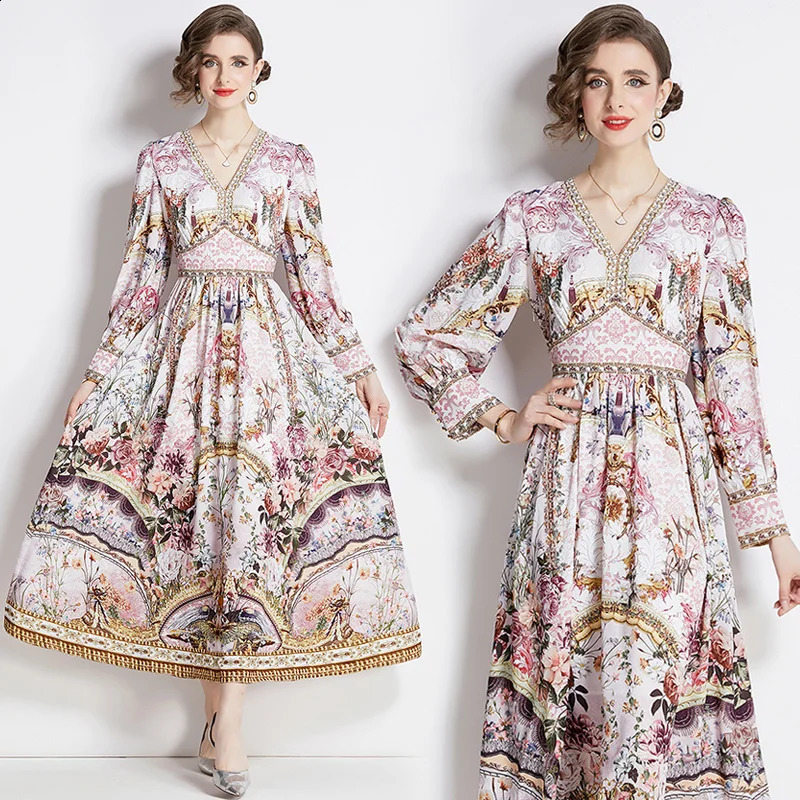 Spring Fashion Runway Gorgeous Flower Chiffon Maxi Dress Women Deep V Neck Long Sleeve Floral Print Boho Robe Vestidos 6549 240808