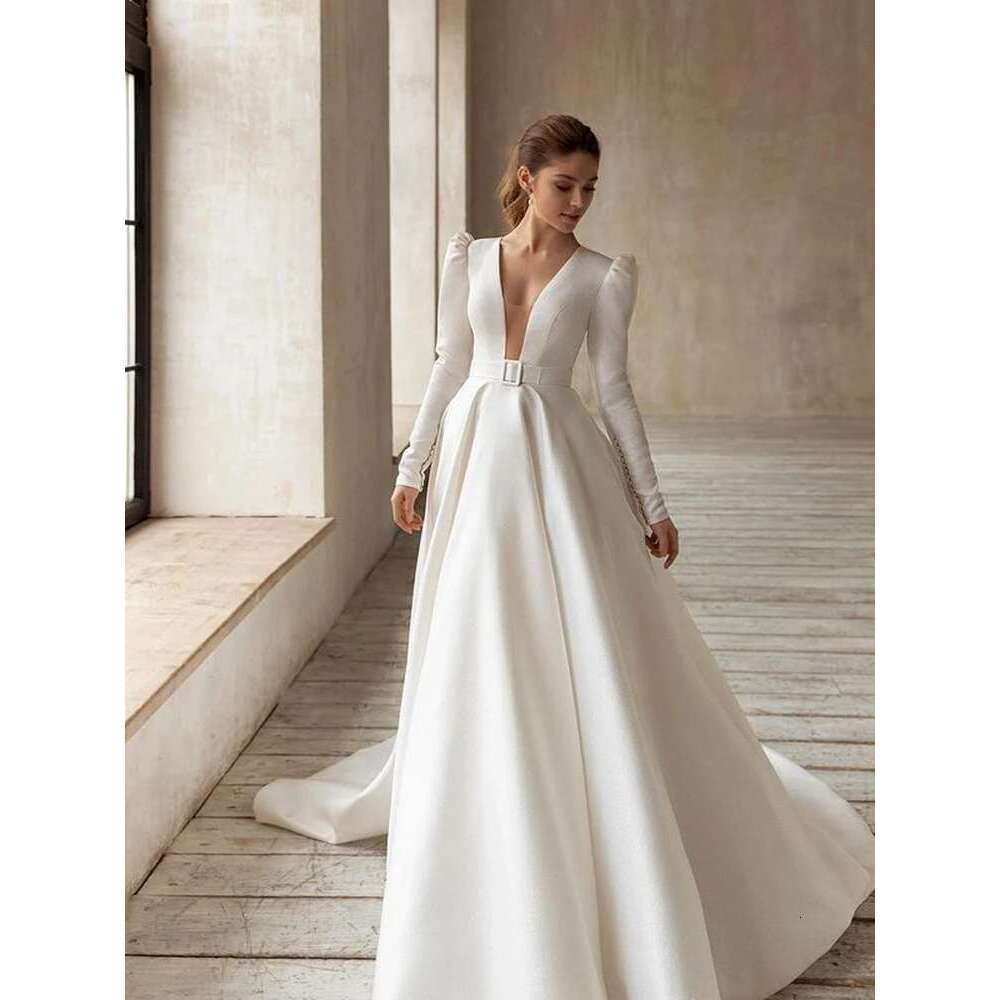 Classic Elegant Wedding Dresses A-e Satin Bridal Gowns V-Neck Long Sleeves Robes For Formal Party 2024 Dressed from Novia