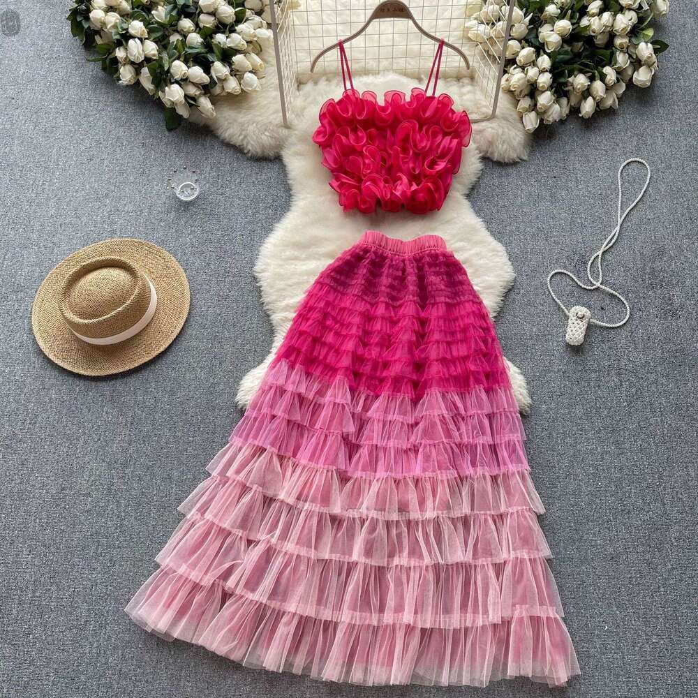 High End Suit for Women with Three-dimensional Flower Suspender, Small Vest, Fairy Mesh Half Length Skirt, Two-piece Set Sexy SKINNY DRESS High Waist 