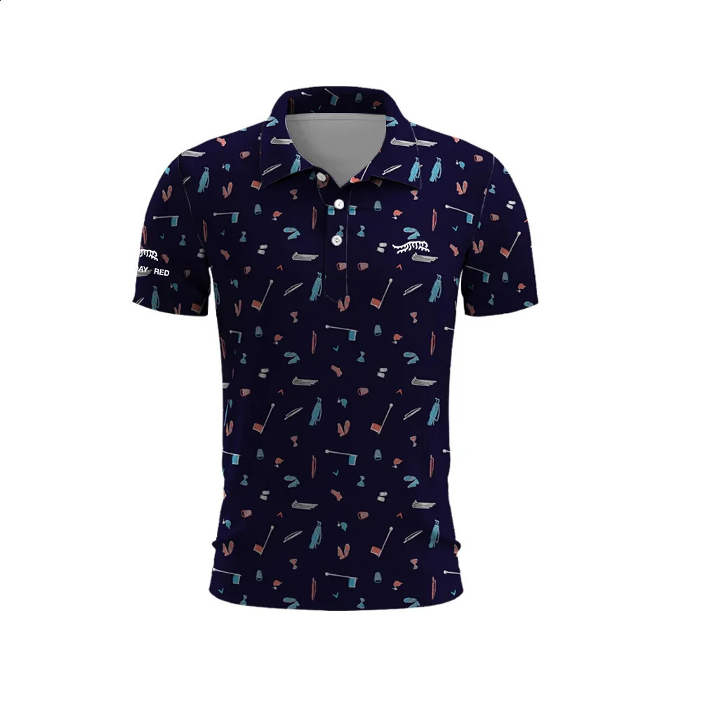 Tiger Woods Golf Sun Day Red Random Pattern Mens Summer Golf T-Shirt Top Quick Drying Golf Club Button Up T-Shirt Polo Shirt 240712