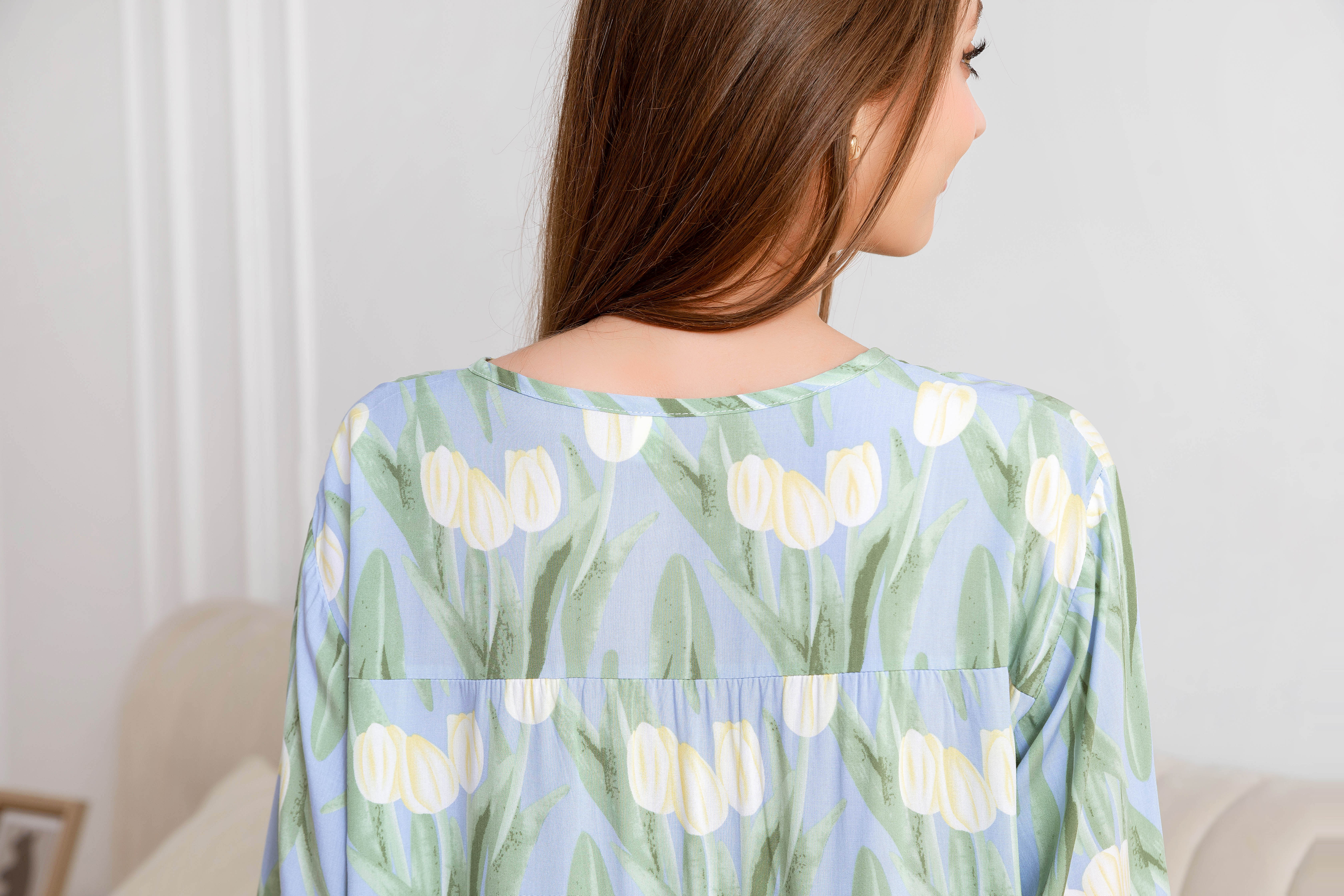 Women's Home Clothes Pajamas Blue Green Leaf Lily Pants Set C211