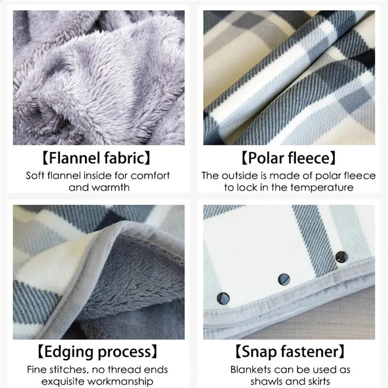 Thick plain weave blanket warm winter wearable adult office travel soft wool home shawl with button 240723