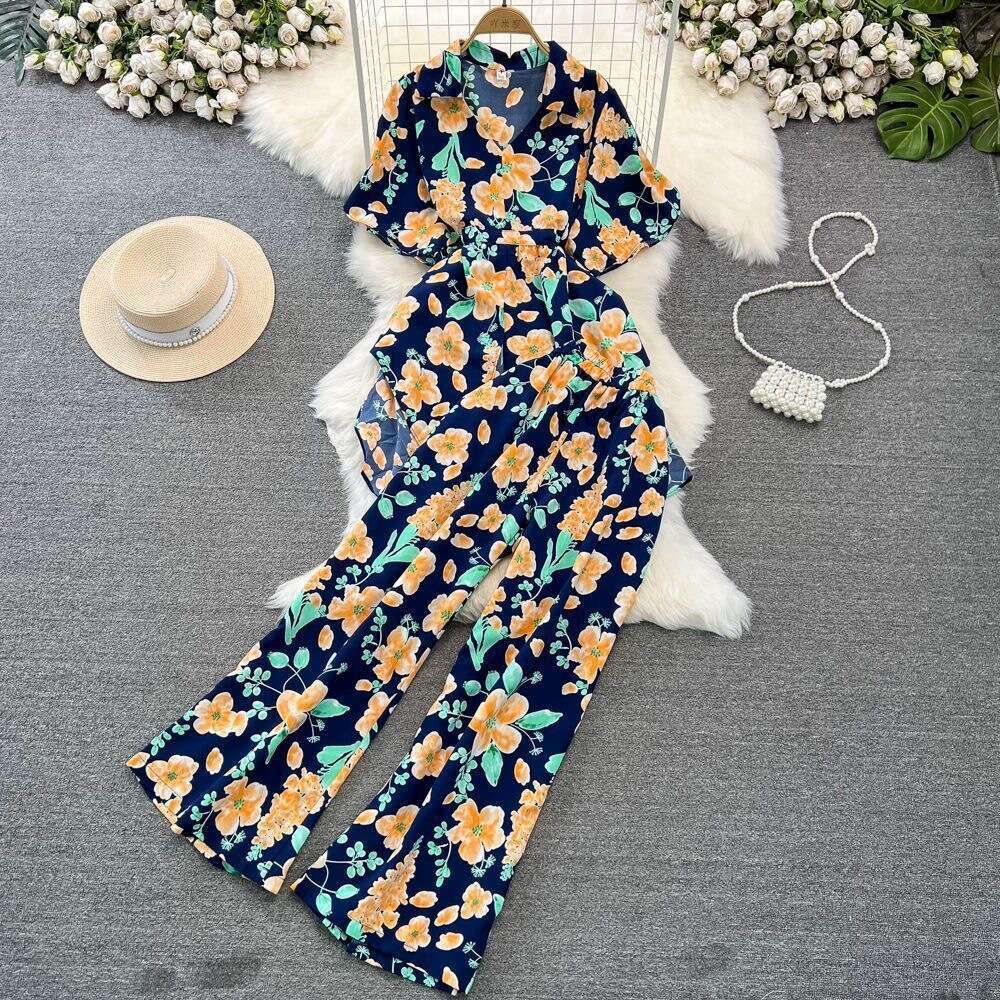 Short Sleeved Loose Single Breasted Tie Up Waist Cinching Printed Shirt Two-piece High Waisted Wide Leg Pants Fashion Set for Women Sexy Loose Denim D