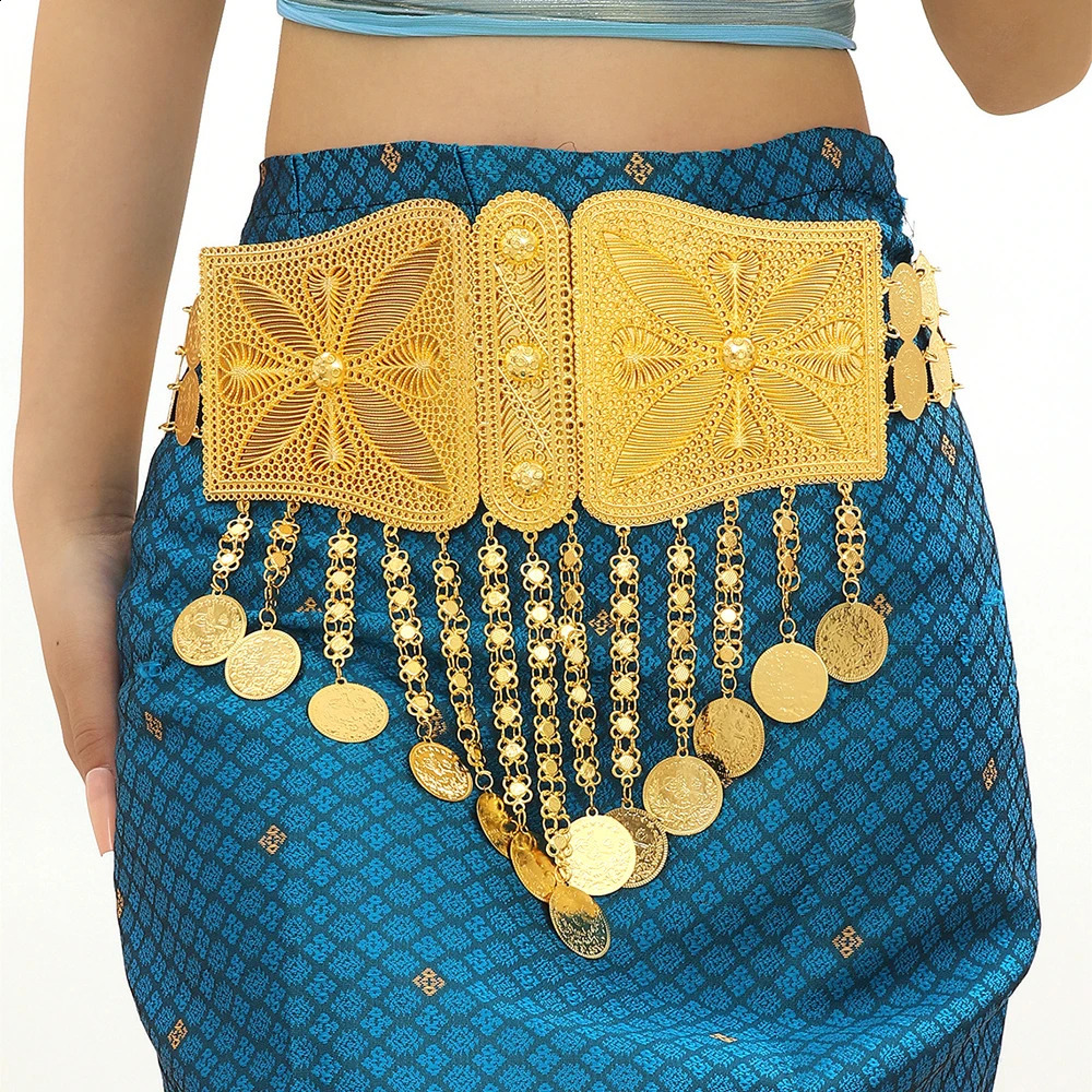 Gold alloy long chain coin waist and belly chain Arab Kurdish Moroccan robe with Kurdish Indian butterfly jewelry accessories 240710