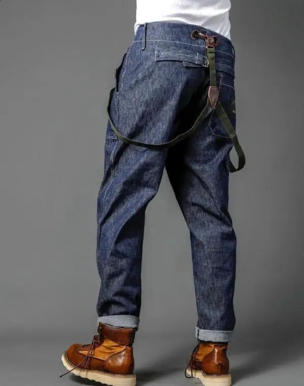 Mens Straight Shoulder Strap Jeans Loose Denim Overall Casual Multi Pocket Bib Jeans 240814