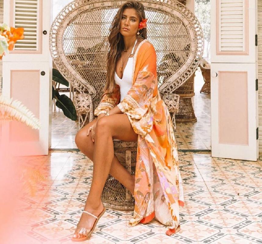 Womens Blouses AYUALIN Floral Print Kimono Cardigan Long Blouse Fer Women Swim Cover Up Summer 2024 Boho Kaftan Beach Femme Vestidos