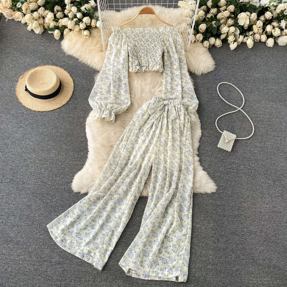 One Line Neckline Off Shoulder Bubble Sleeves, Sweet and Age Reducing French Printed Short Top, High Waisted Wide Leg Pants Two-piece Set Silk Dress