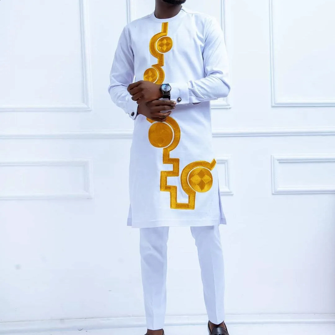 Kaftan Men Wedding Suits Groom Embroidered Pocket Top And Pants Kaunda Suit African casual Outfits Party Fashion Two-piece Set 240813