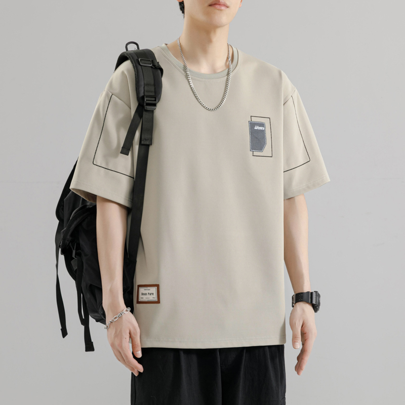 2024 Summer New T-shirt with American Embroidered Chest Short sleeved Men's Loose and Versatile Casual