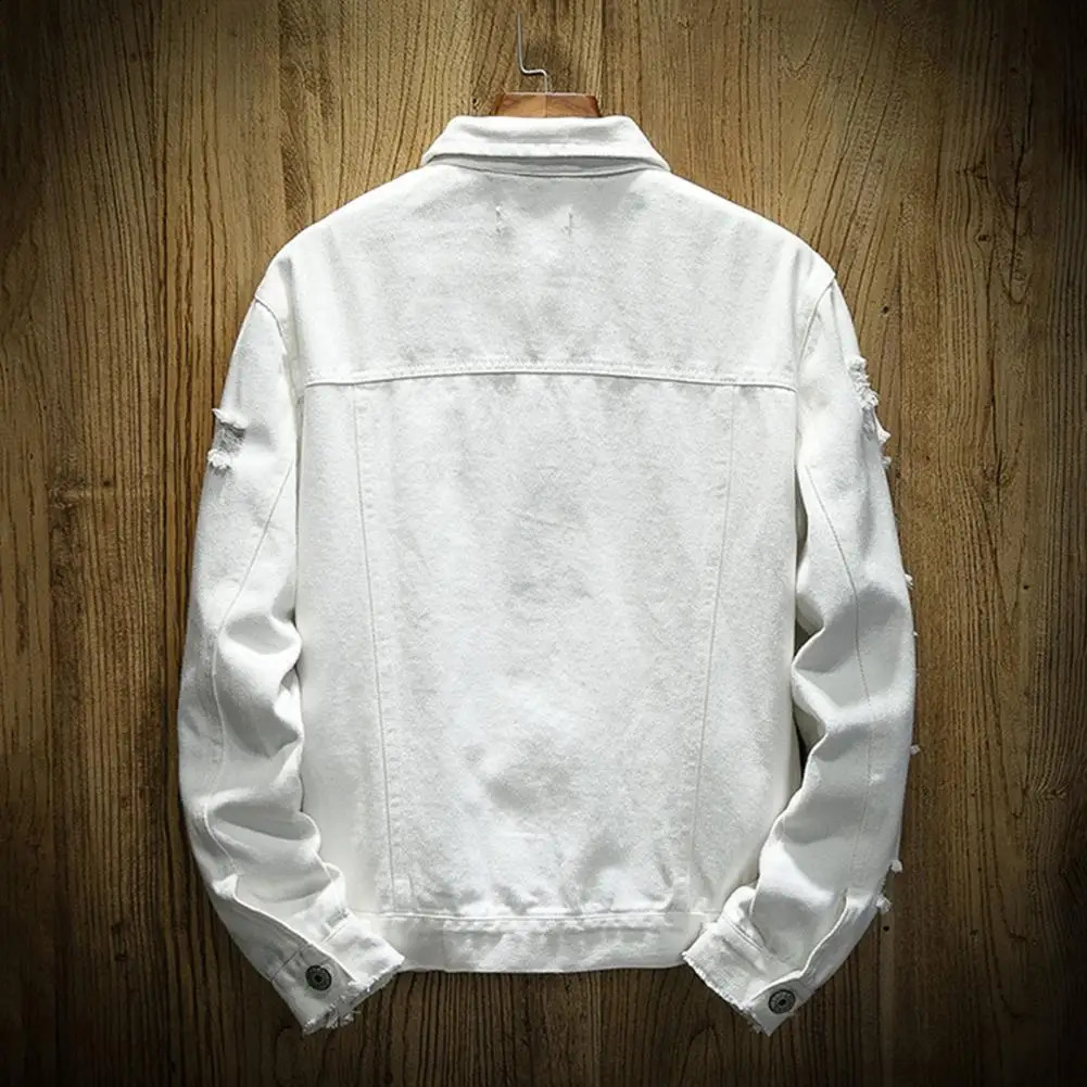 Ripped Hole Jean Men Jackets Outerwear Warm Denim Coats Turndown Collar Loose Buttons Men Denim Jackets Solid Color Denim Coat 240827