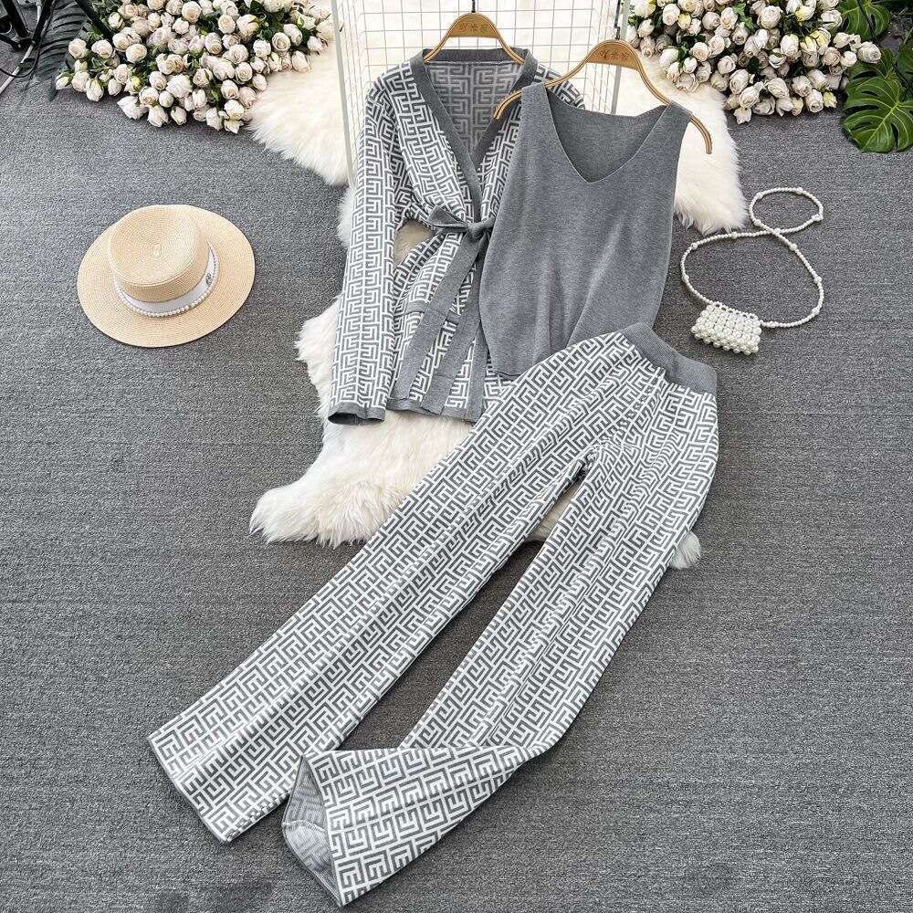 Printed Casual Suit Womens Shawl Jacket+v-neck Bottom Knit Sweater+wide Leg Pants Three Piece Set Short Loose Temperament SKINNY DRESS Lace Dress