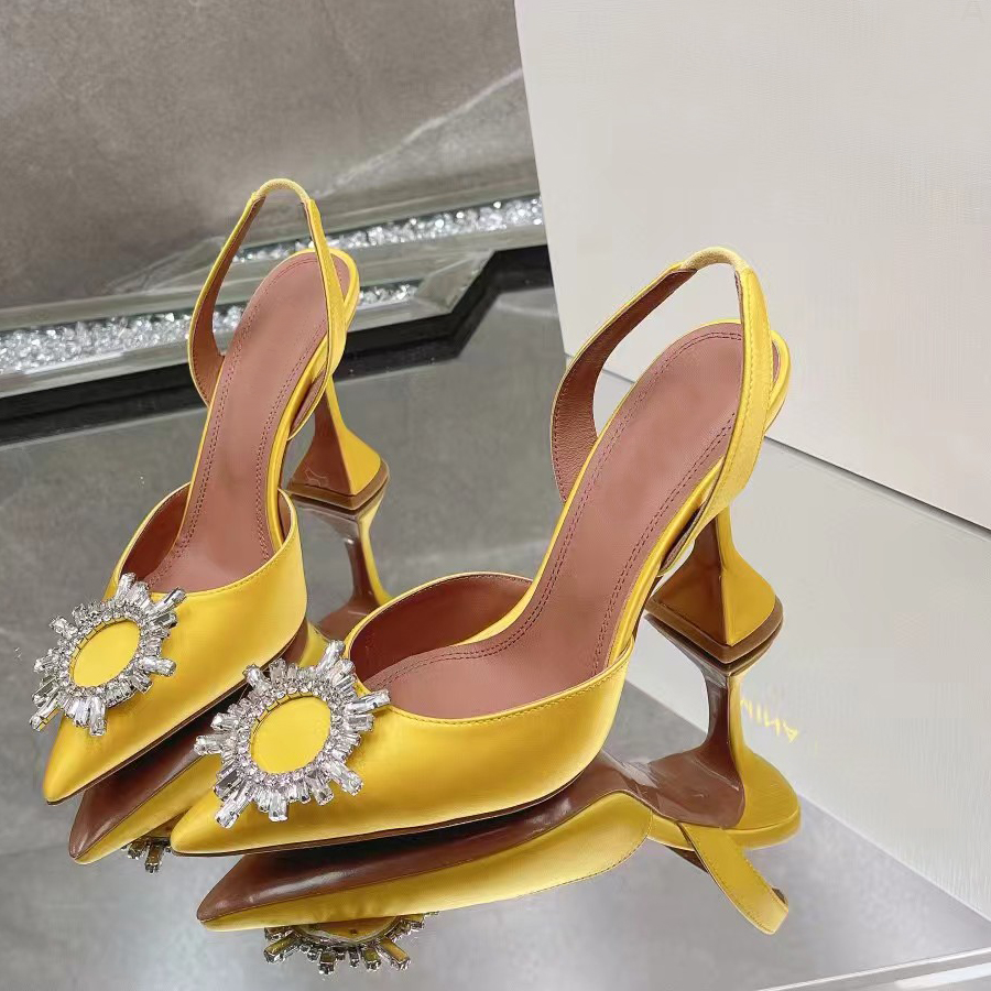10A Quality Luxury Designer Sandals Women Fashion Satin Slingbacks 10CM High Heels Pointed Dress Shoes with Bow Sunflower Water Diamond Party Wedding Shoes