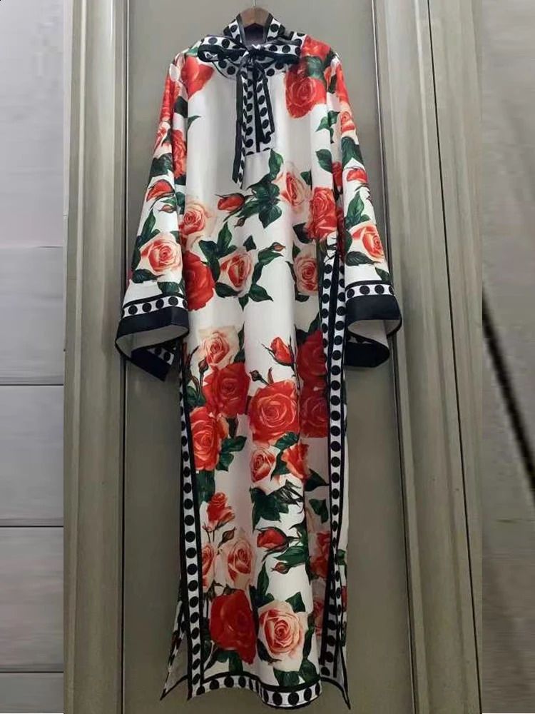 spring ladies printed polka dot temperament split long-sleeved loose dress Bohemian holiday gown skirt 240723