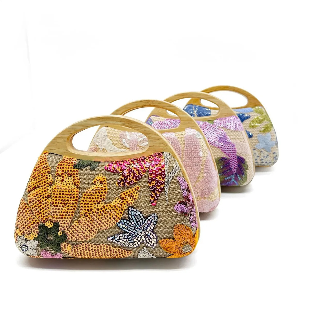 Shinny Sequins Embroidery Clutch Bag for Women Wooden Handle Handbags Flower Shoulder Crossbody Evening Party Purses 240821