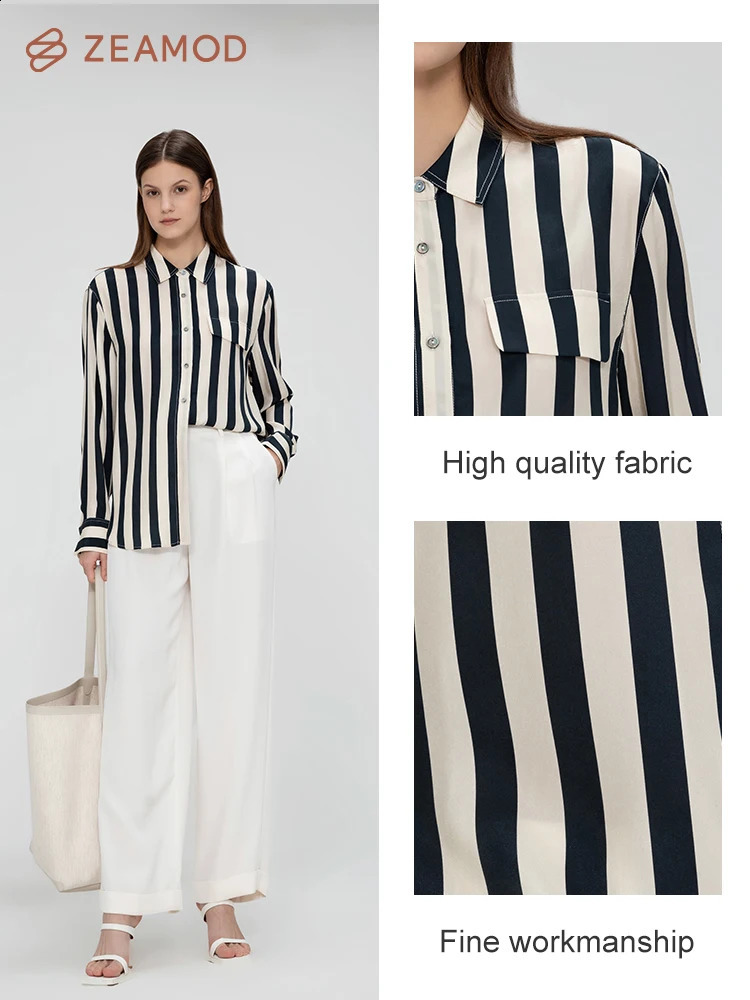 ZEAMOD Womens 100% Silk Shirt Ladies Blue White Pinstripes Blouse with V Neck and Long Sleeve Work Casual All Season 240715